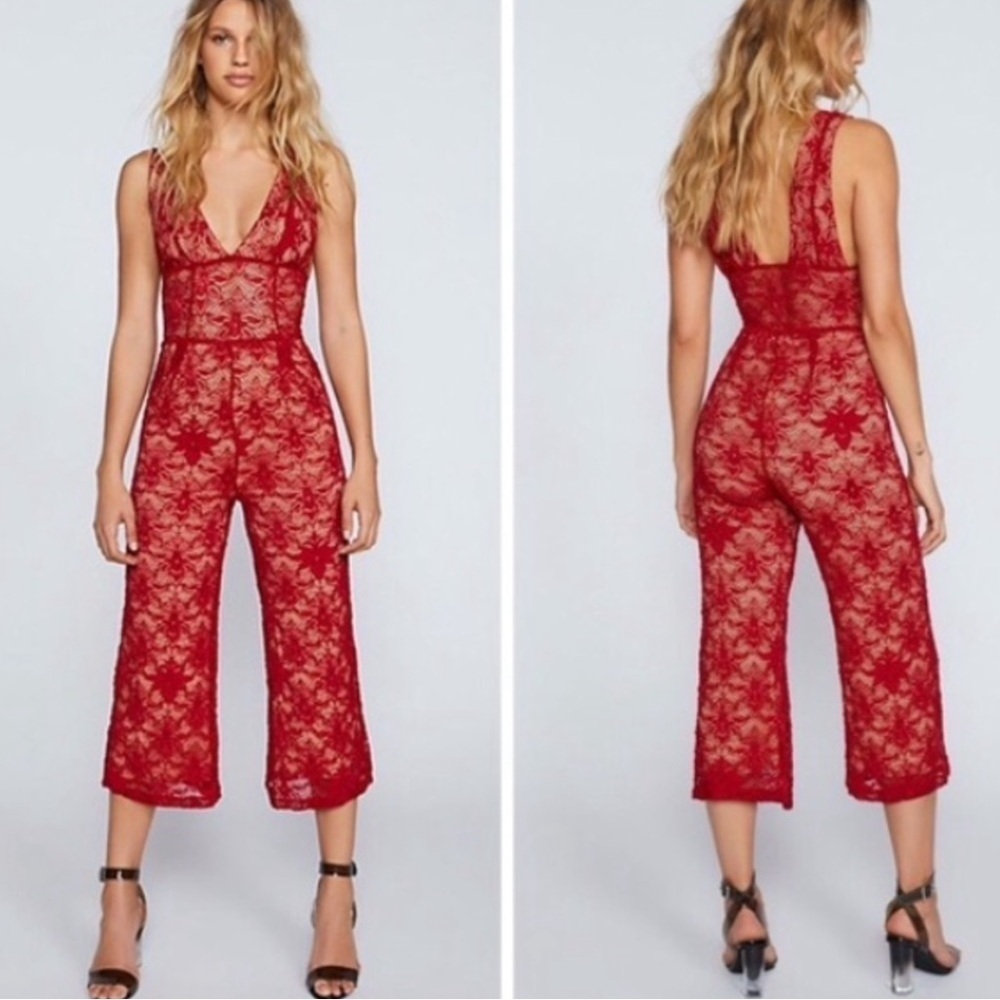 NWOT, Nightcap x Free People, Fleur Lace Jumpsuit Red V-neck XS (1)